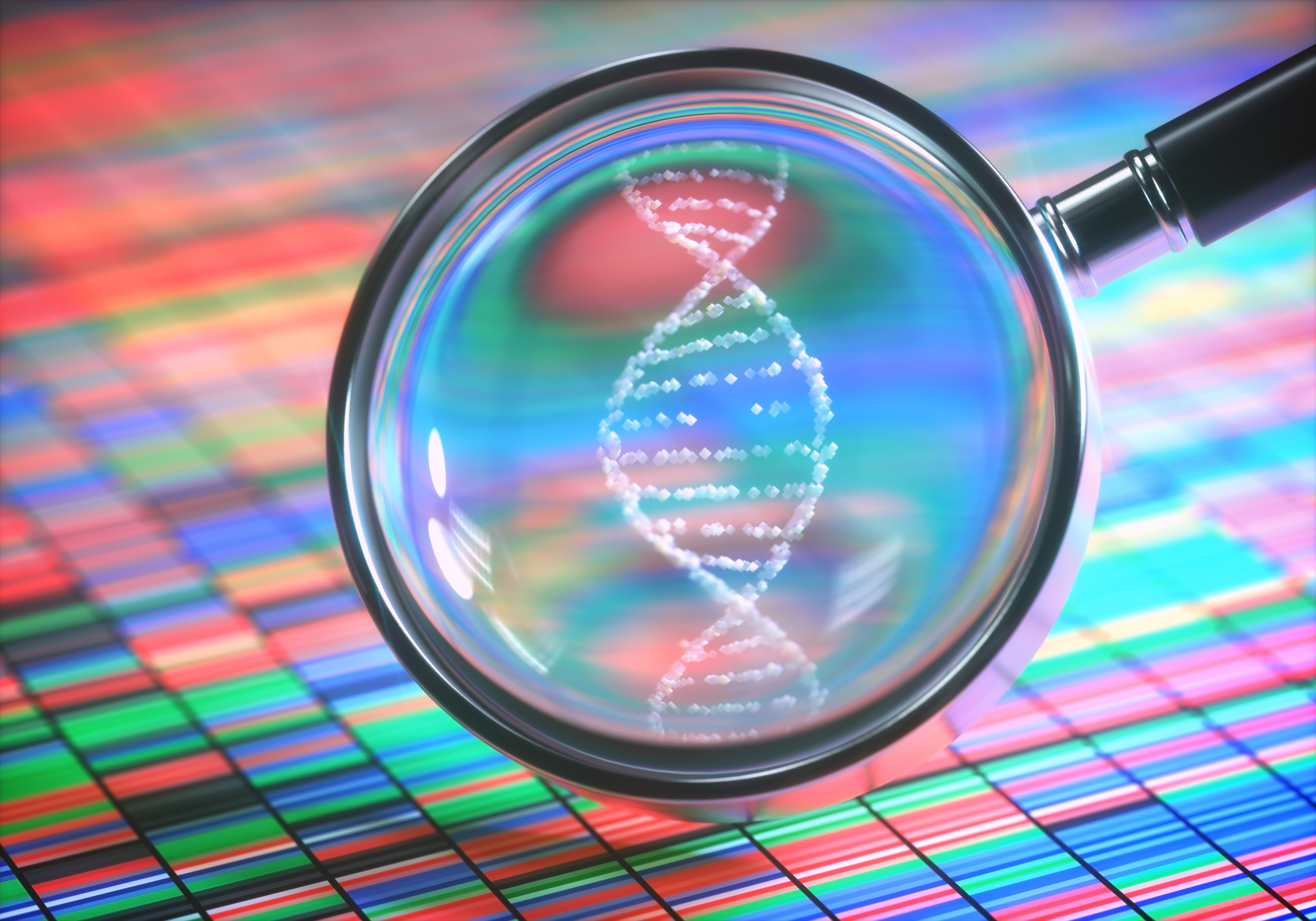 AdobeStock_188814004_DNA Sanger Sequencing and a Magnifying Glass Showing the DNA Helix.